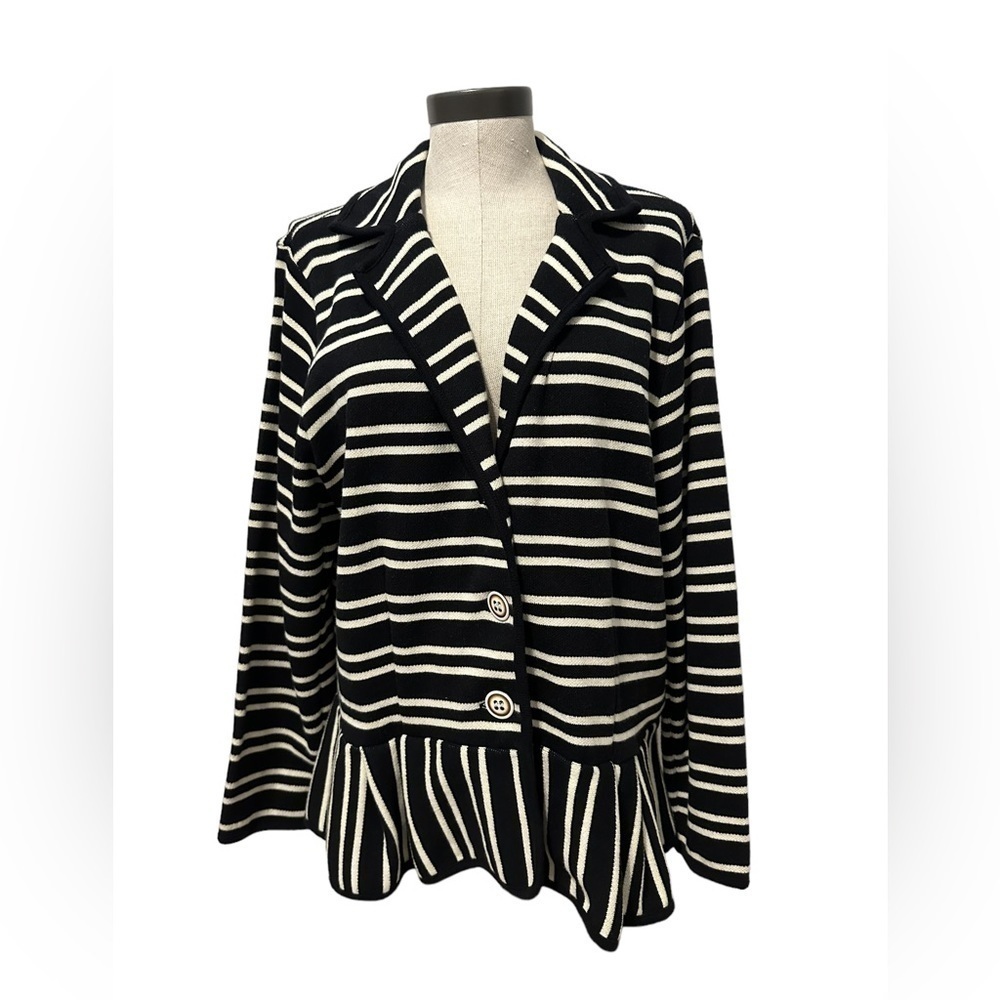 Style & Co NWT Striped Print Peplum Sweater Blazer Black White Size 1X